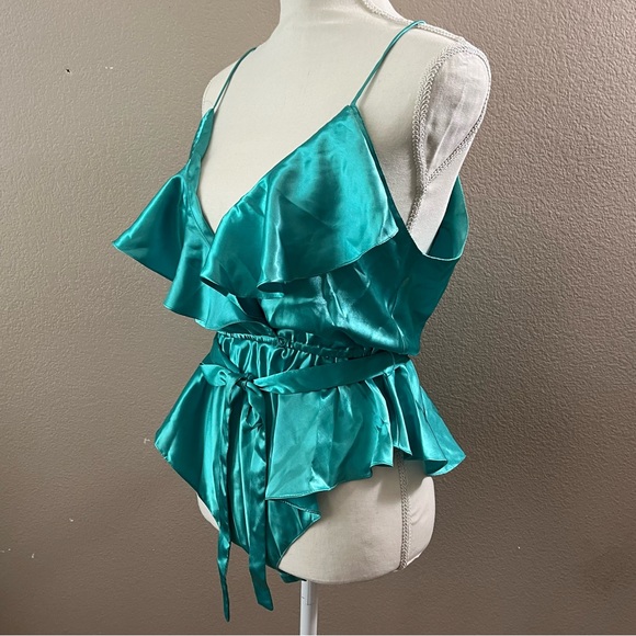Vintage Victoria's Secret teal satin ruffle cinched waist bodysuit size medium - Picture 14 of 16
